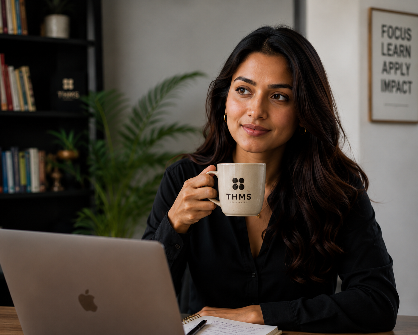 A THMS learner with a branded mug, working through a practical AI exercise