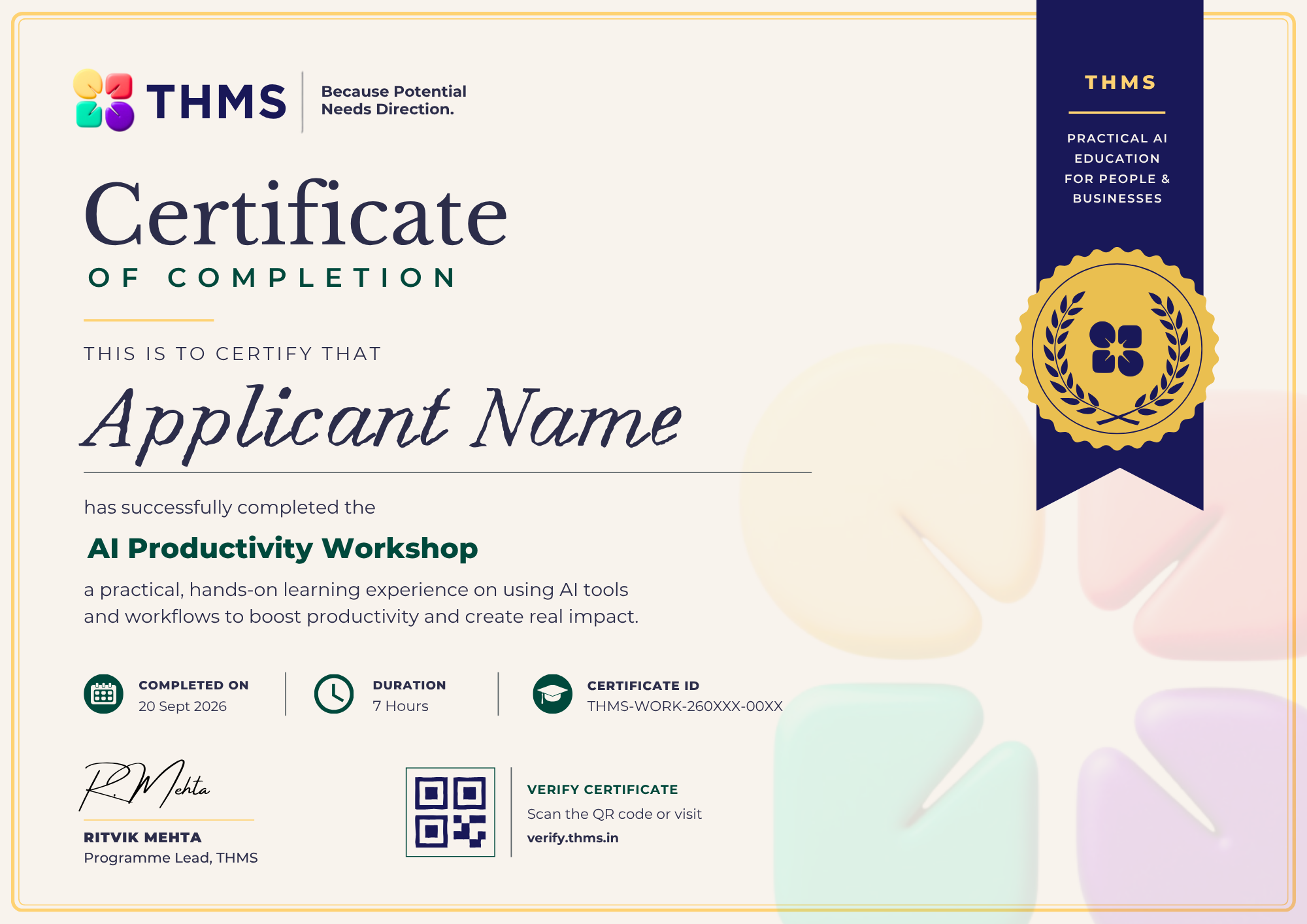 Sample THMS certificate of completion for the AI Productivity Workshop