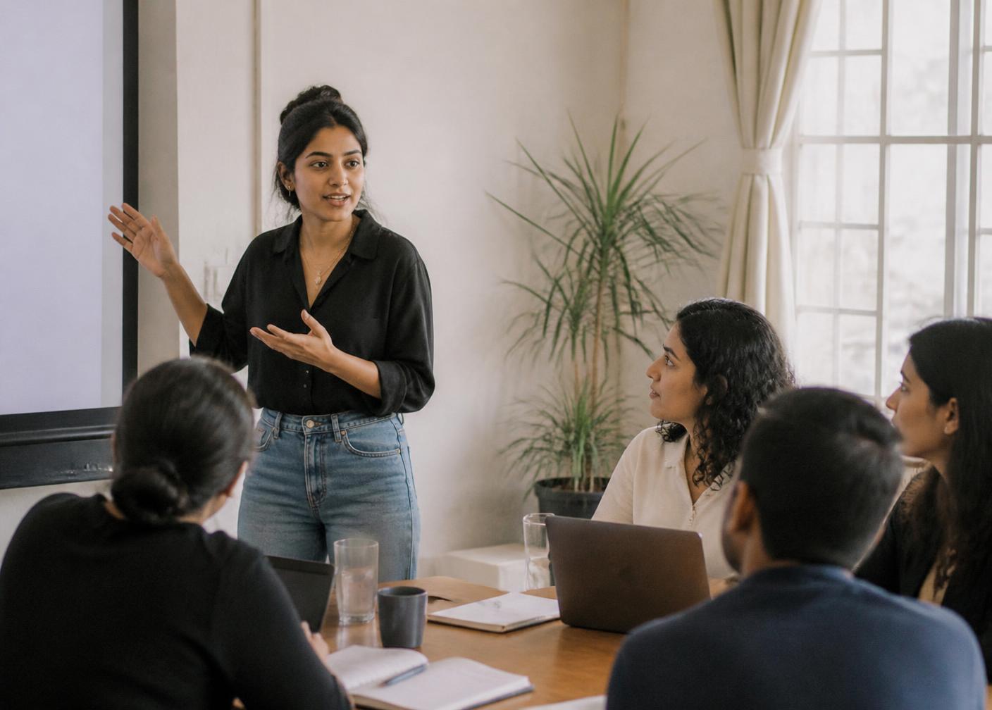 A facilitator leading a hands-on AI workshop with a small team